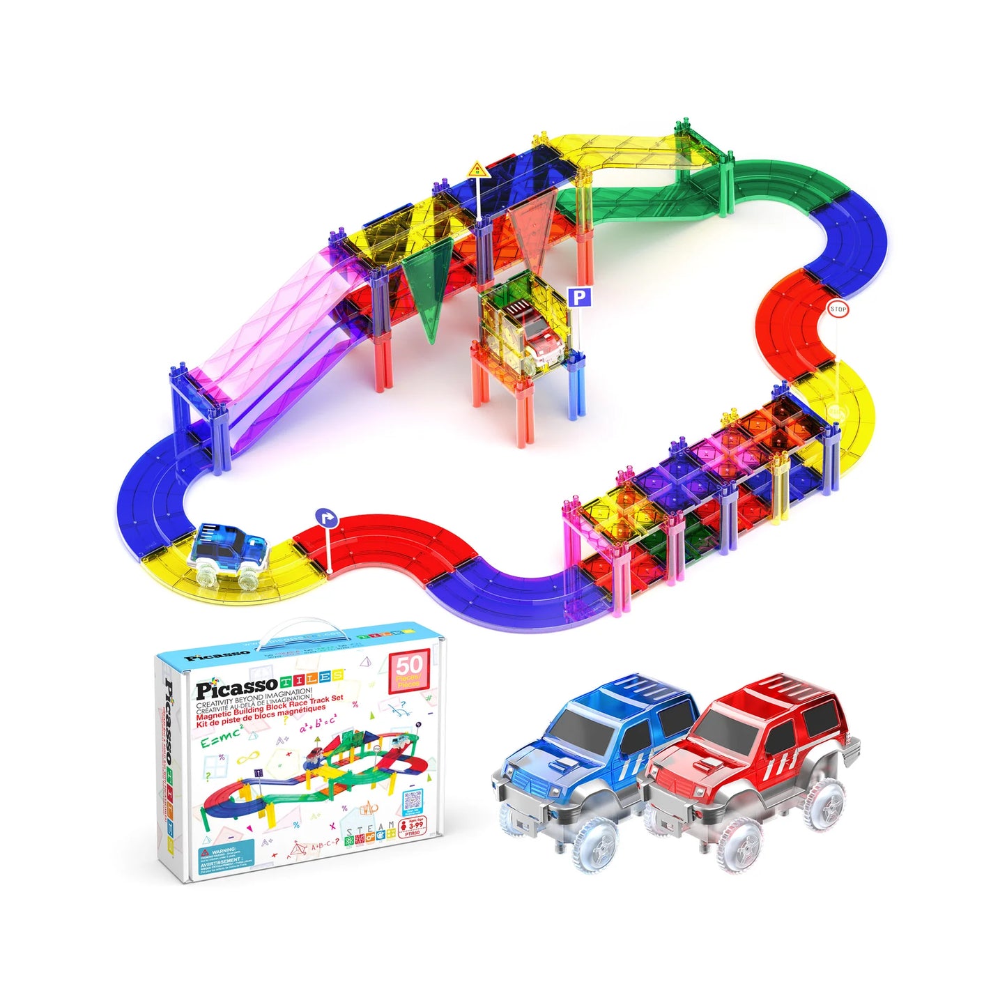 PicassoTiles Magnetic Tiles Race Track Set with LED Cars