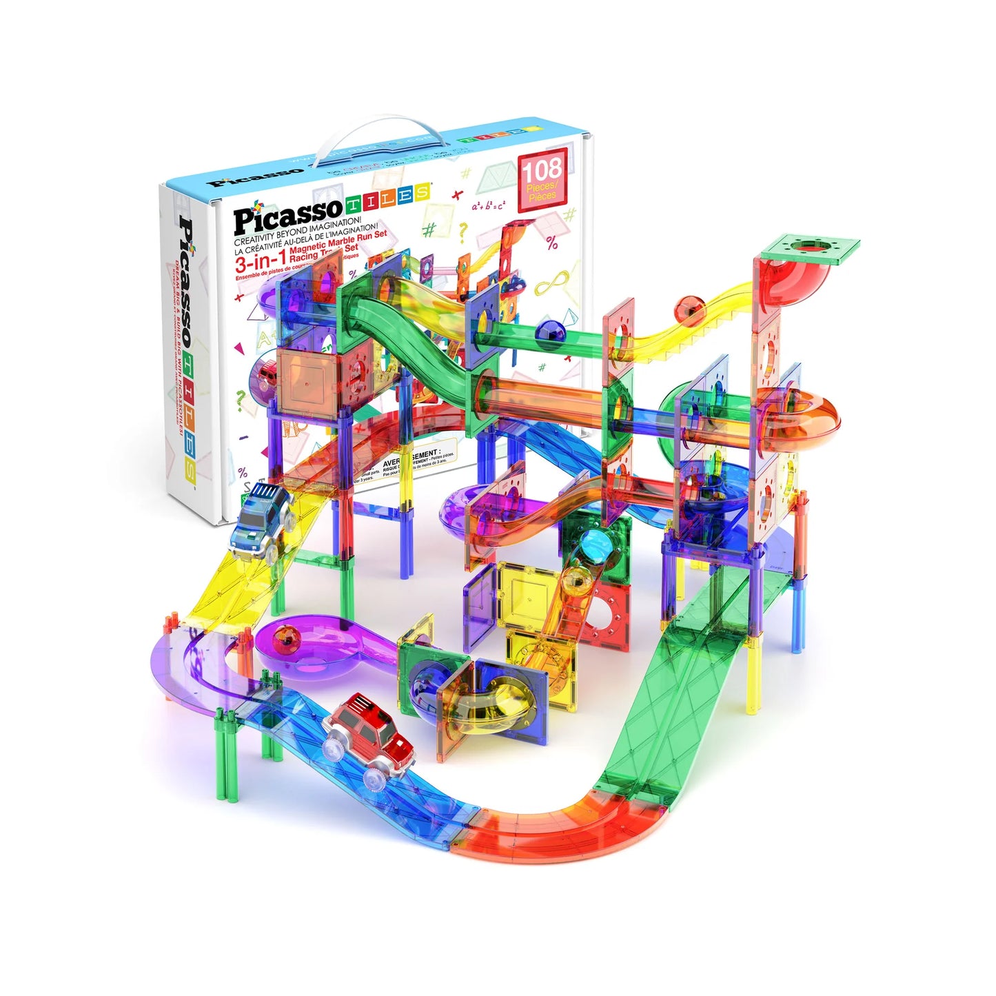 PicassoTiles 108pc Magnetic Tiles Marble Run Race Track Set
