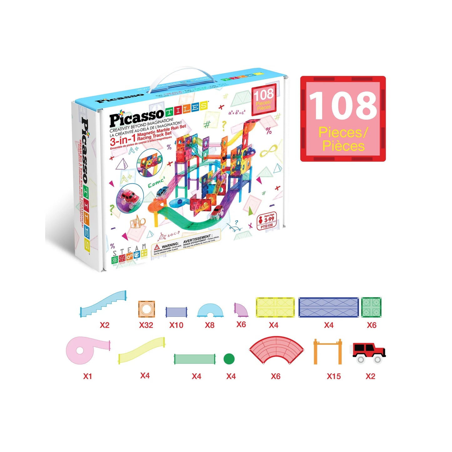 PicassoTiles 108pc Magnetic Tiles Marble Run Race Track Set