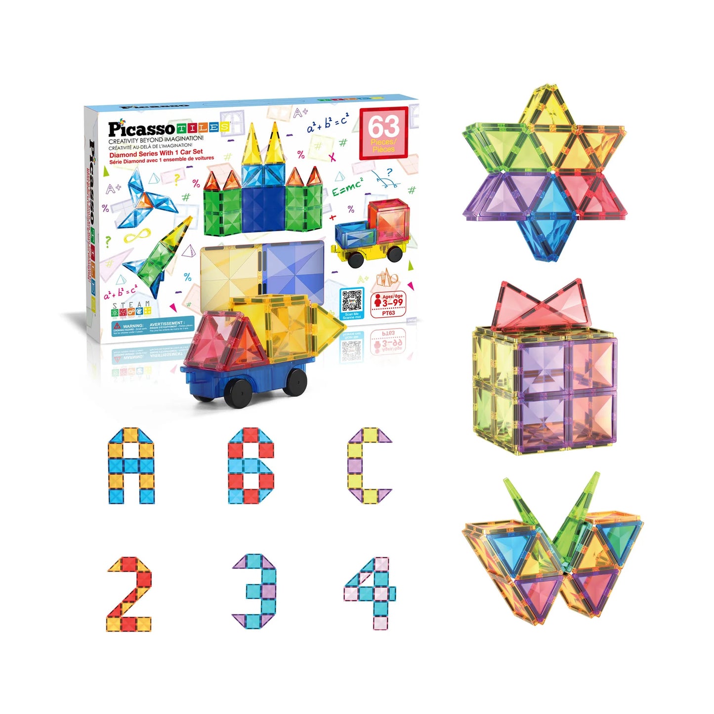 PicassoTiles Magnetic Tiles with Vehicle Base 63 Piece Building Block Set