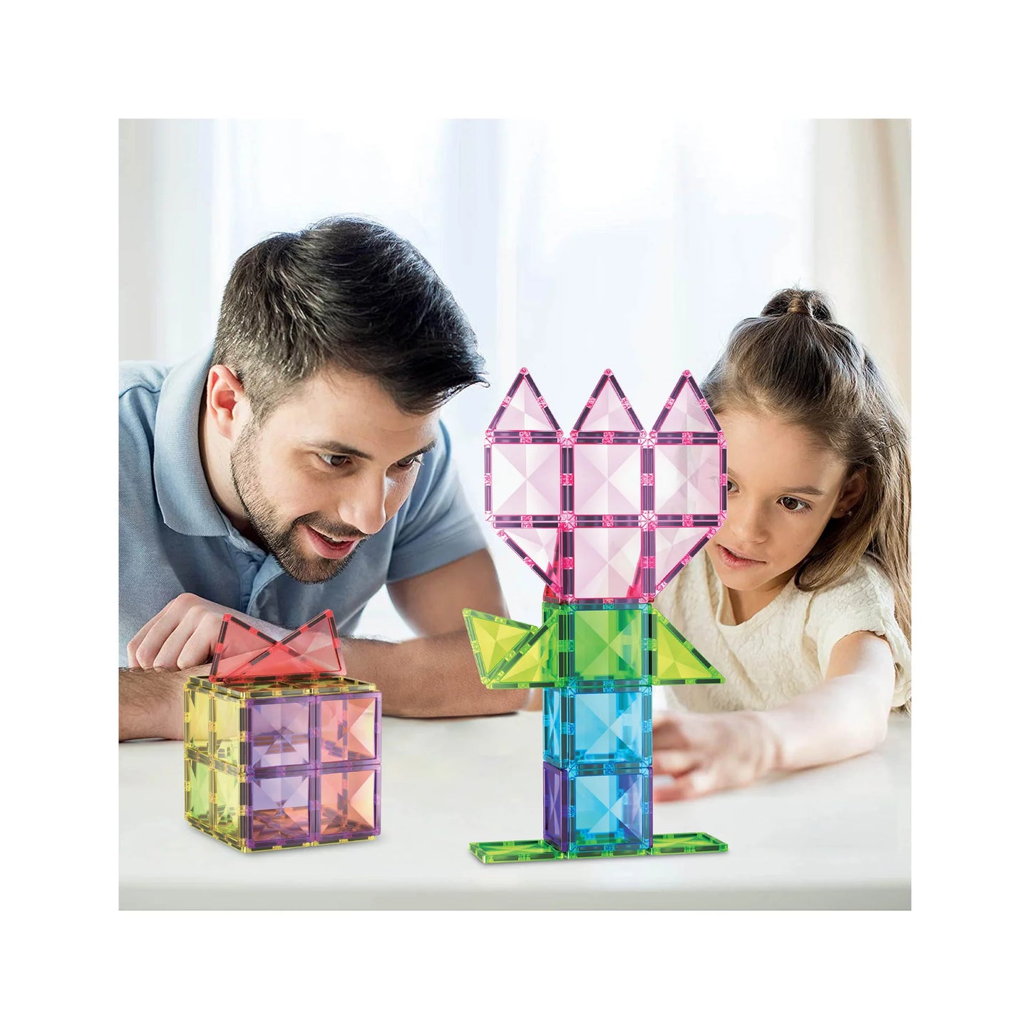 PicassoTiles Magnetic Tiles with Vehicle Base 63 Piece Building Block Set