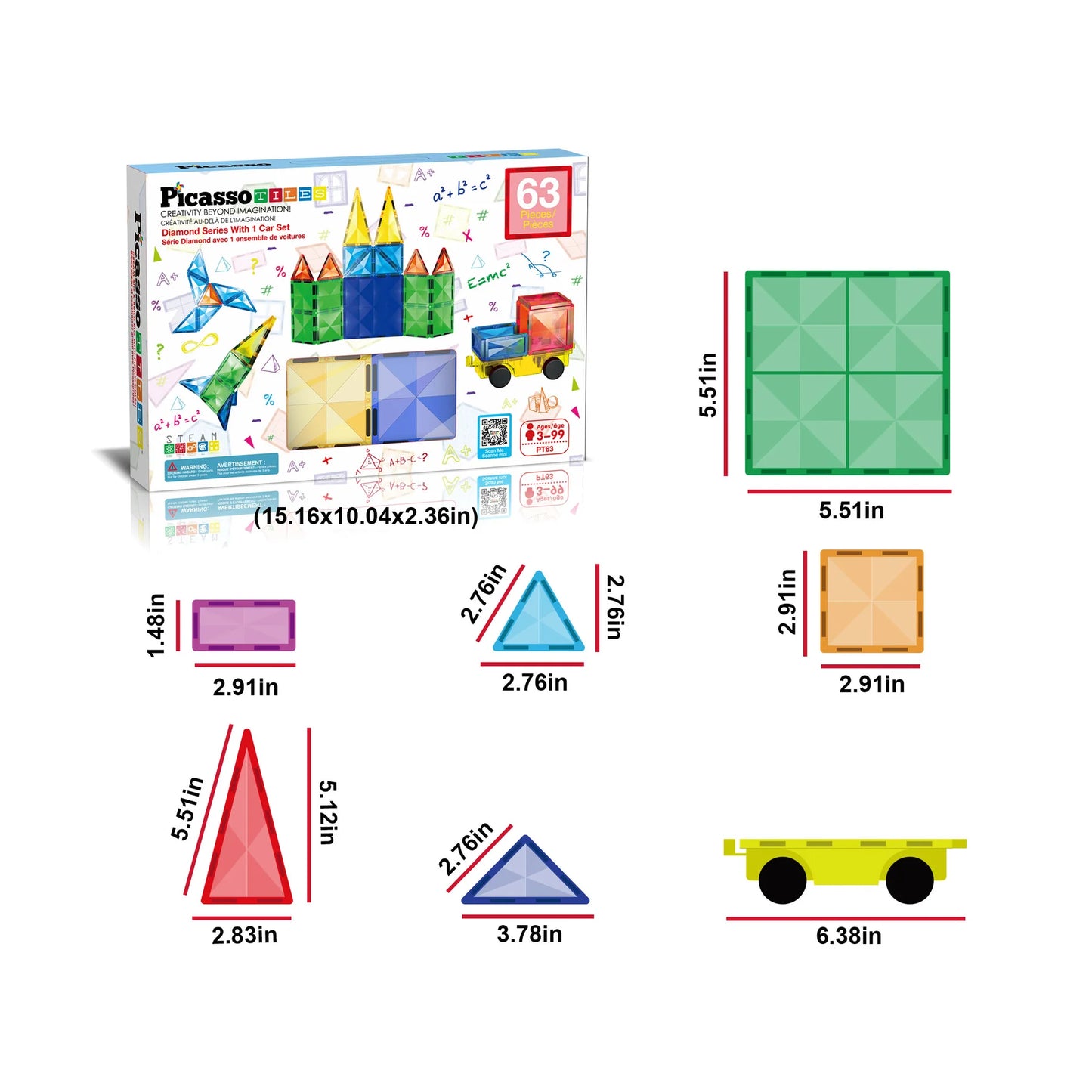 PicassoTiles Magnetic Tiles with Vehicle Base 63 Piece Building Block Set