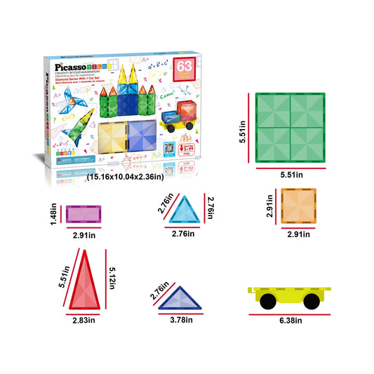 PicassoTiles Magnetic Tiles with Vehicle Base 63 Piece Building Block Set