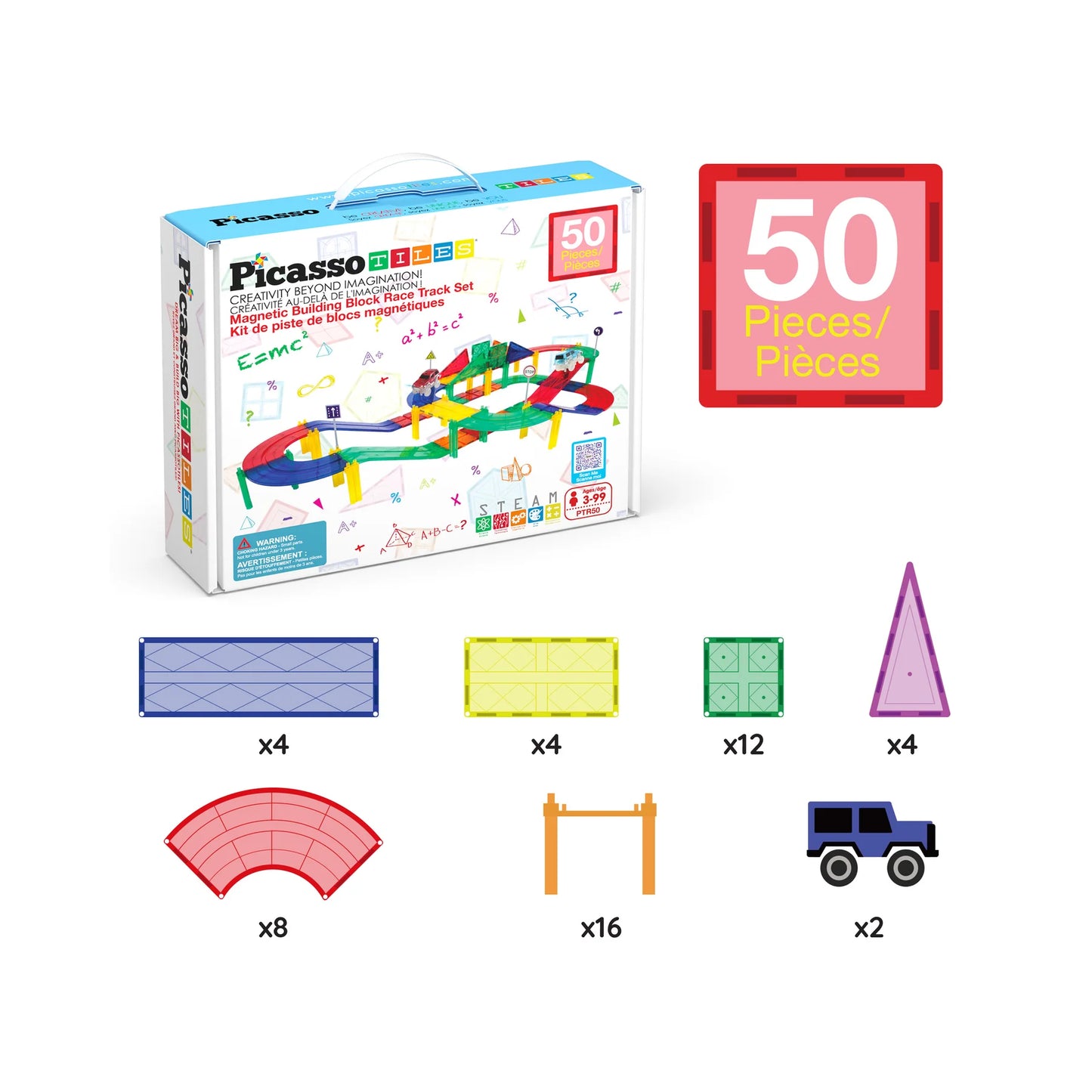 PicassoTiles Magnetic Tiles Race Track Set with LED Cars