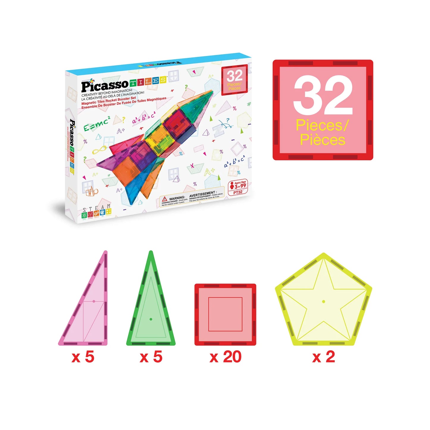 PicassoTiles Magnetic Tile Rocket Ship Toy - 32 Pieces